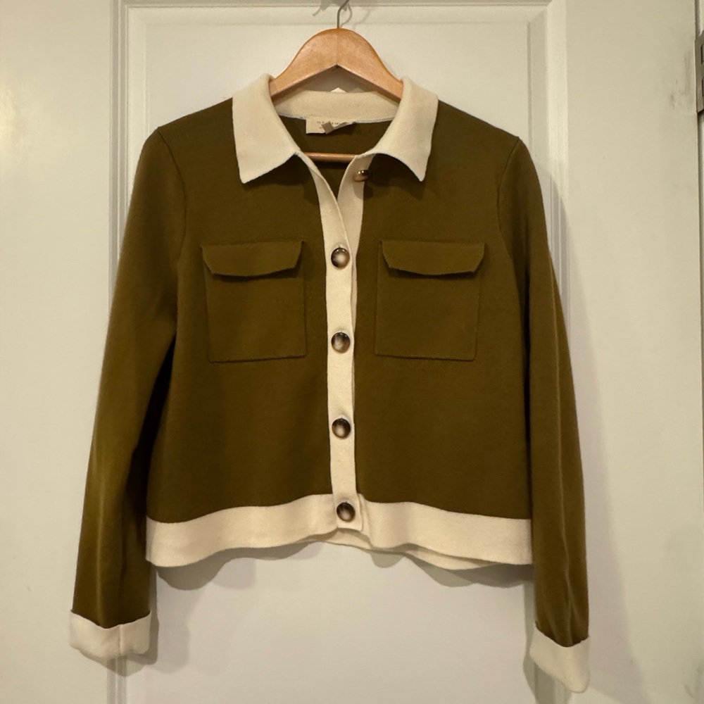 Sezane Betty Cardigan in Olive Green, Ecru